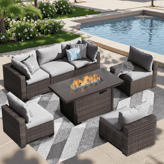 TANGJEAMER 7 Pieces All-Weather PE Rattan Sectional Sofa with Cushions and Fire Pit Table for Party and Family Gathering(Grey cushions)