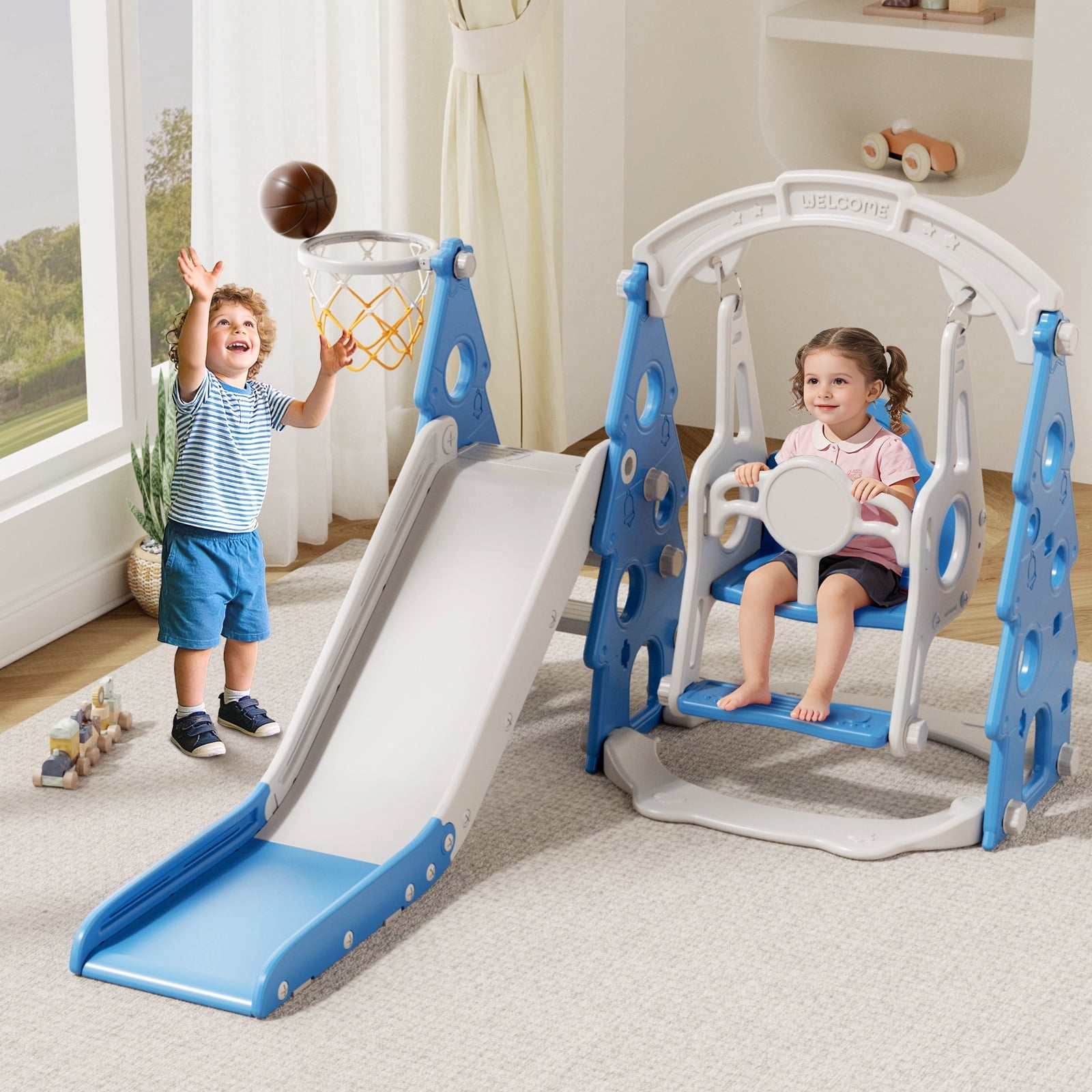 XJD 4-in-1 Toddler Slide and Swing Set, Kids Indoor Outdoor Playset with Basketball Hoop, Backyard Playground for Toddlers 1-3 Years Old, Blue