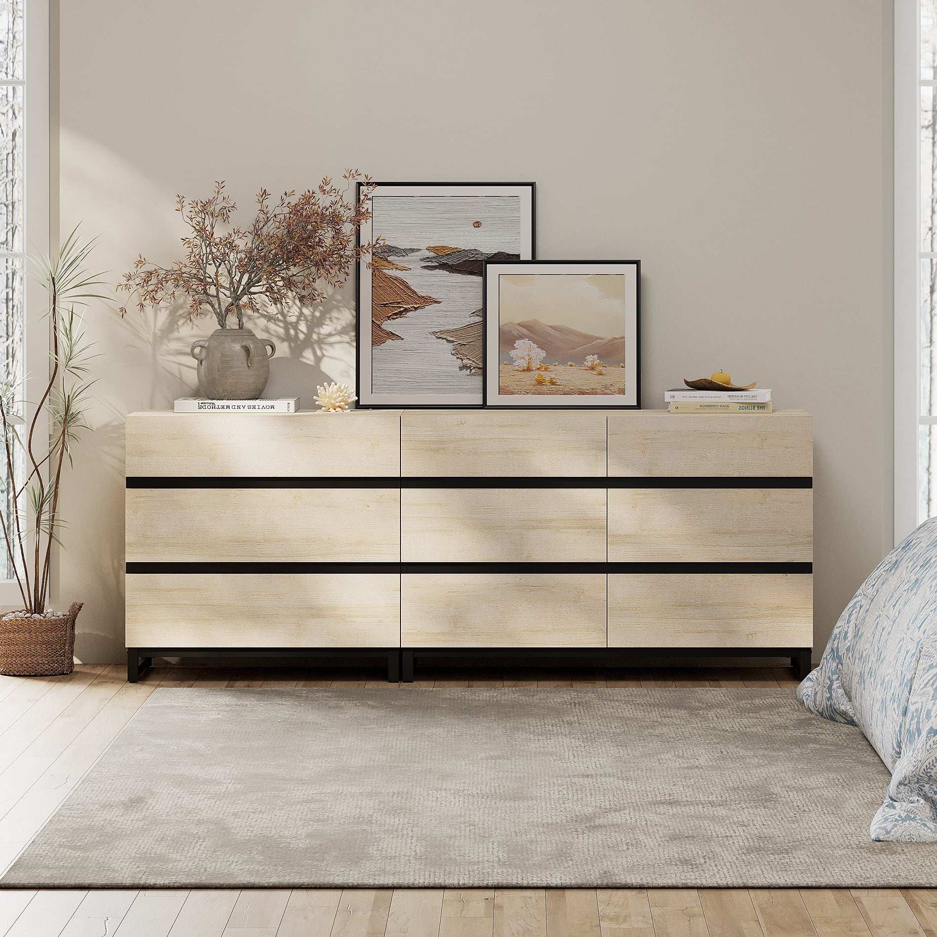 WAMPAT 2-in-1 Modern Wood Dresser, 9 Drawers & Metal Base, Closet Storage Organizer for Bedroom,Beige