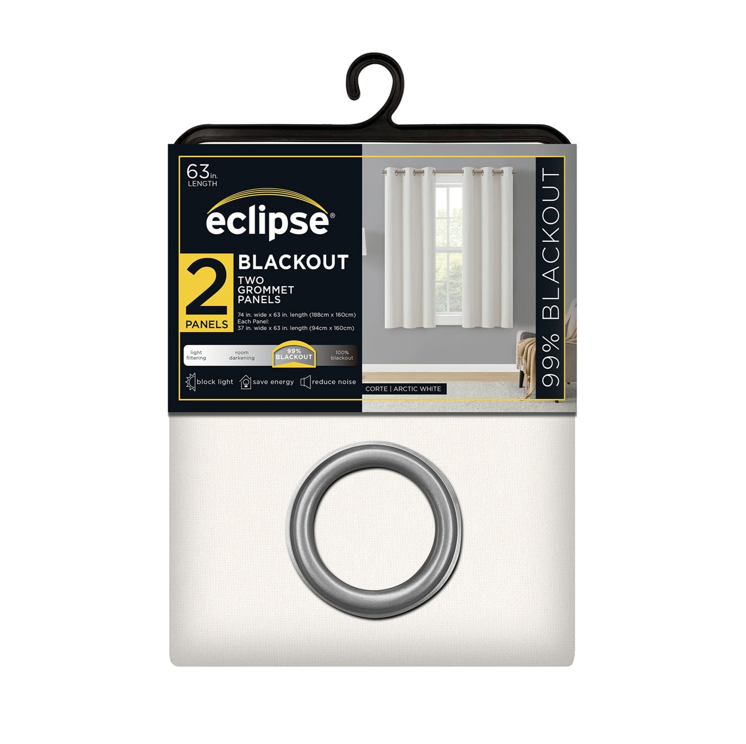(2 pack) Eclipse Corte Solid Blackout Curtains, Set of 2, 63 Inch Long Blackout Curtains, 37" W x 63" L, White