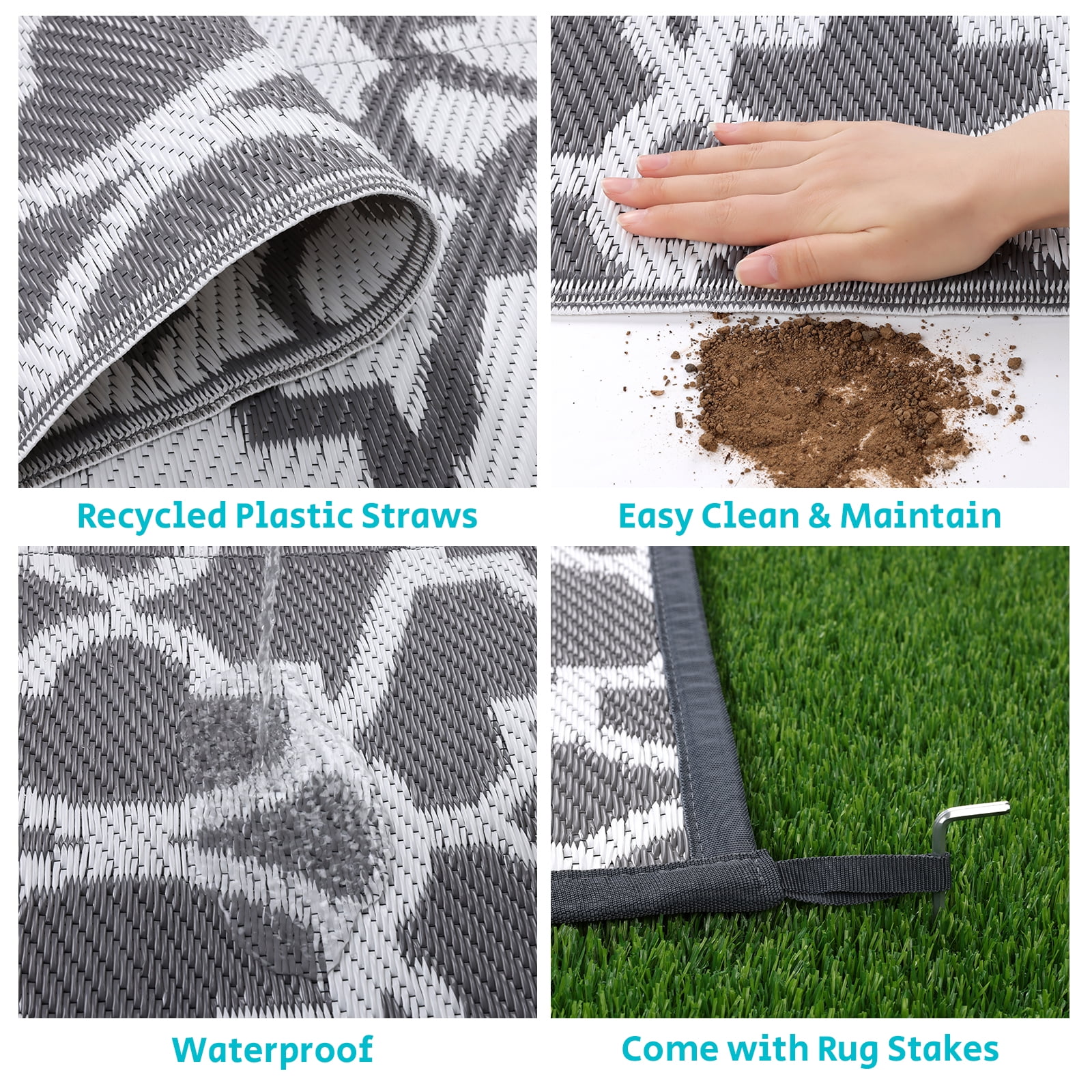MeyJey 6'x9' Outdoor Rug, Patio Rug Waterproof RV Outdoor Rug Camping Rugs Reversible Plastic Mat for Camping, Balcony Apartment, Patio, Porch, Picnic, Beach, Gray