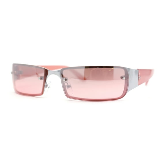 90s Classic Narrow Rectangle Designer Rimless Luxury Fashion Sunglasses Silver Pink - Pink