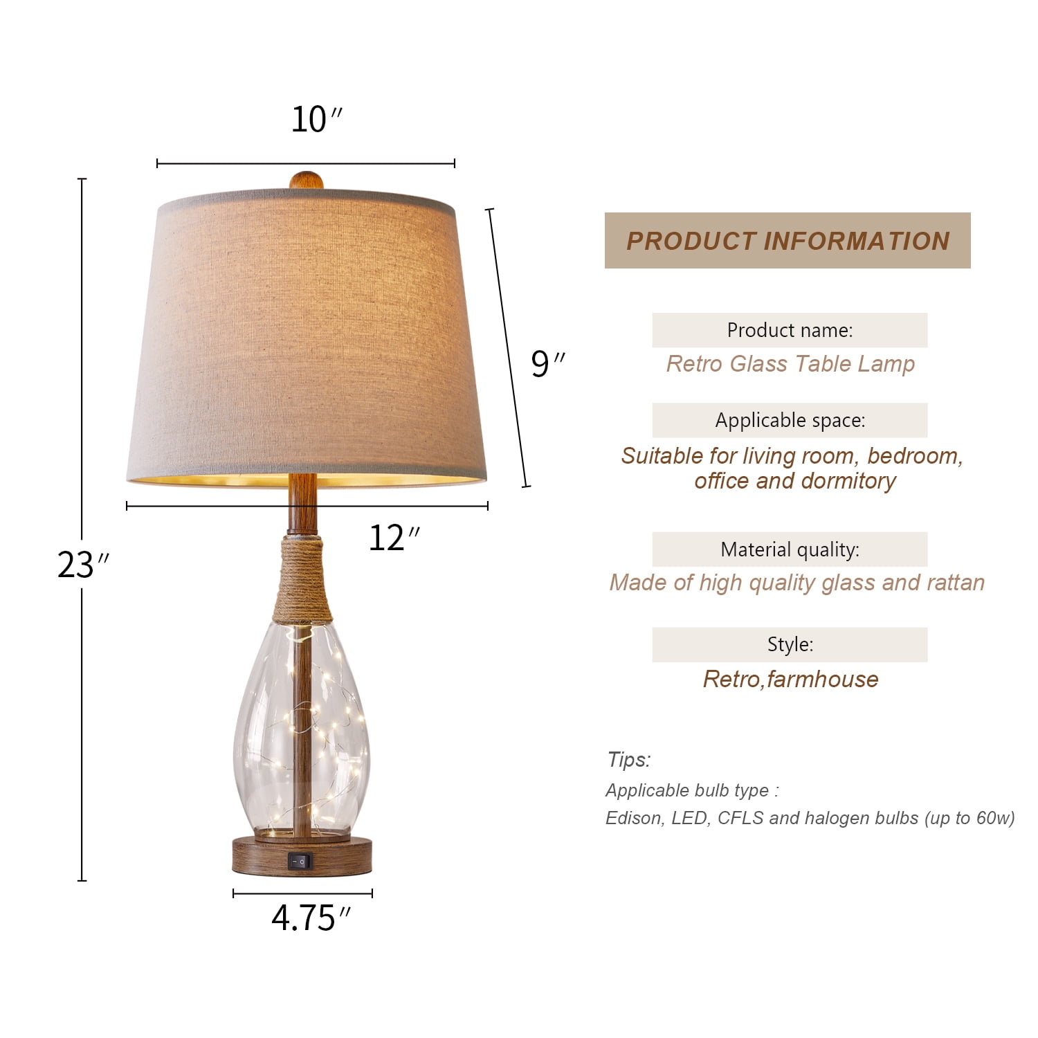 Yokila 23" Farmhouse Table Lamp Set of 2 with USB Ports for Bedroom Living Room, Retro Glass Nightstand Bedside Lamps(2 Bulbs Included)