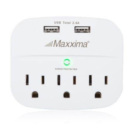 - Maxxima 3 Outlet Dual USB 2.4A Grounded Adapter Plug, 490 Joules Surge Protection
