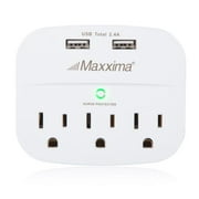 Maxxima 3 Outlet Dual USB 2.4A Grounded Adapter Plug, 490 Joules Surge Protection