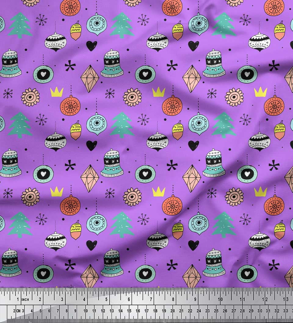 Soimoi Purple Poly Georgette Fabric Tree & Ornament Christmas Print Sewing Fabric Yard 42 Inch Wide