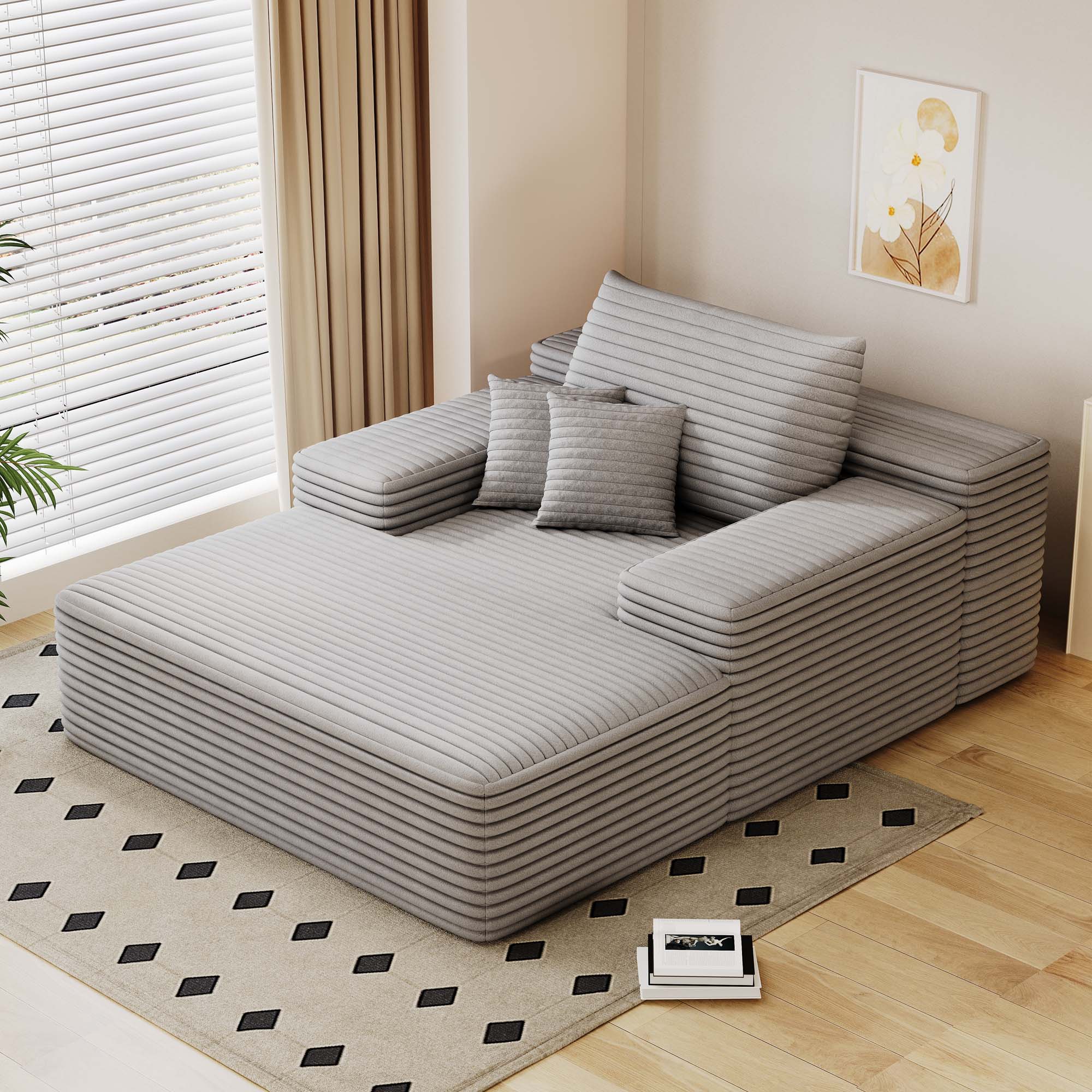 Miniyam 68 x 51" Oversized Chaise Lounge Chair Indoor, Upholstered Sleeper Reading Chairs with 2 Pillows for Living Room, Grey