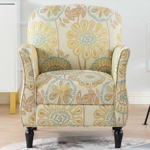 FFZ Accent Chair with Conical Birch Legs and Woven Fabric Upholstery, Beige yellow