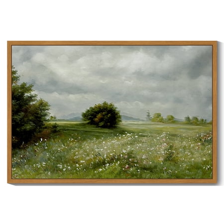 Drsoum Vintage 24x36in Natural Framed Landscape Canvas Wall Art Home Decor Grassland Classic Wall Prints Farmhouse Bathroom Office Decor