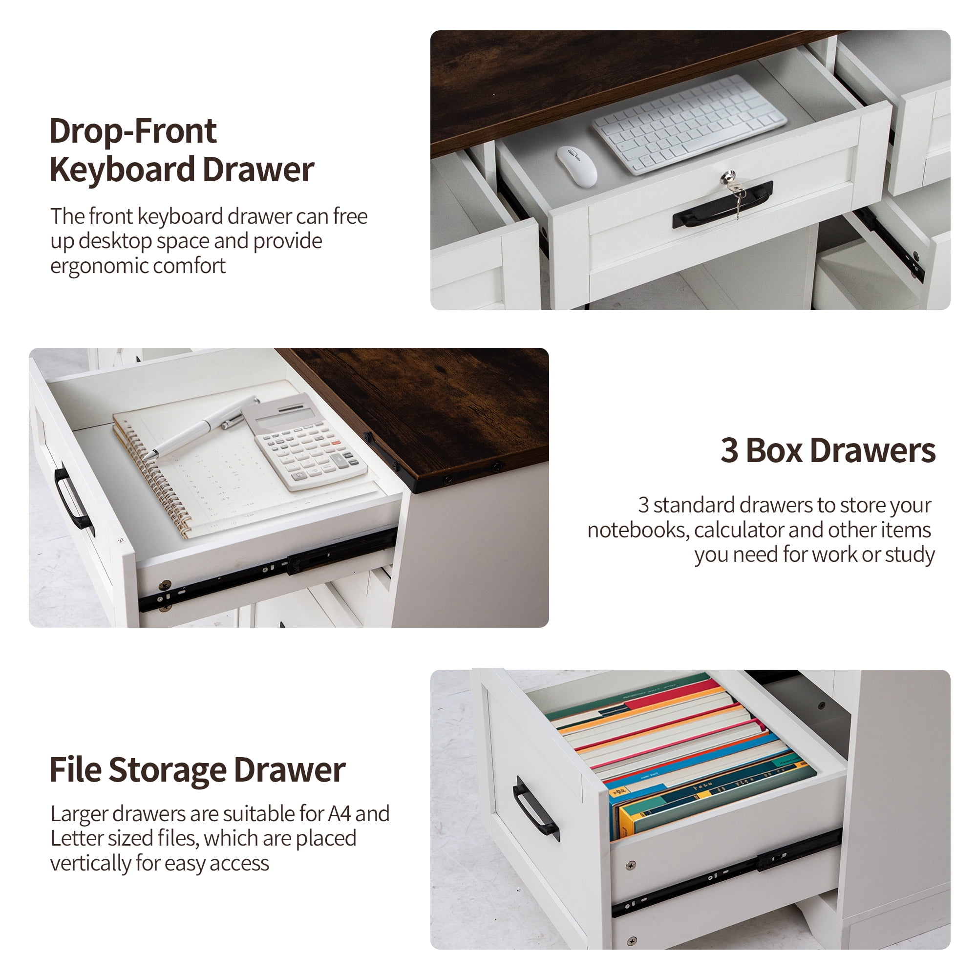 Haverchair 60" Farmhouse Executive Desk with 5 Drawers, Home Office Desk with Storage and Charging Station, Wooden computer Workspace with Lock, Cabinet with adjustable shelf for Work Study, White