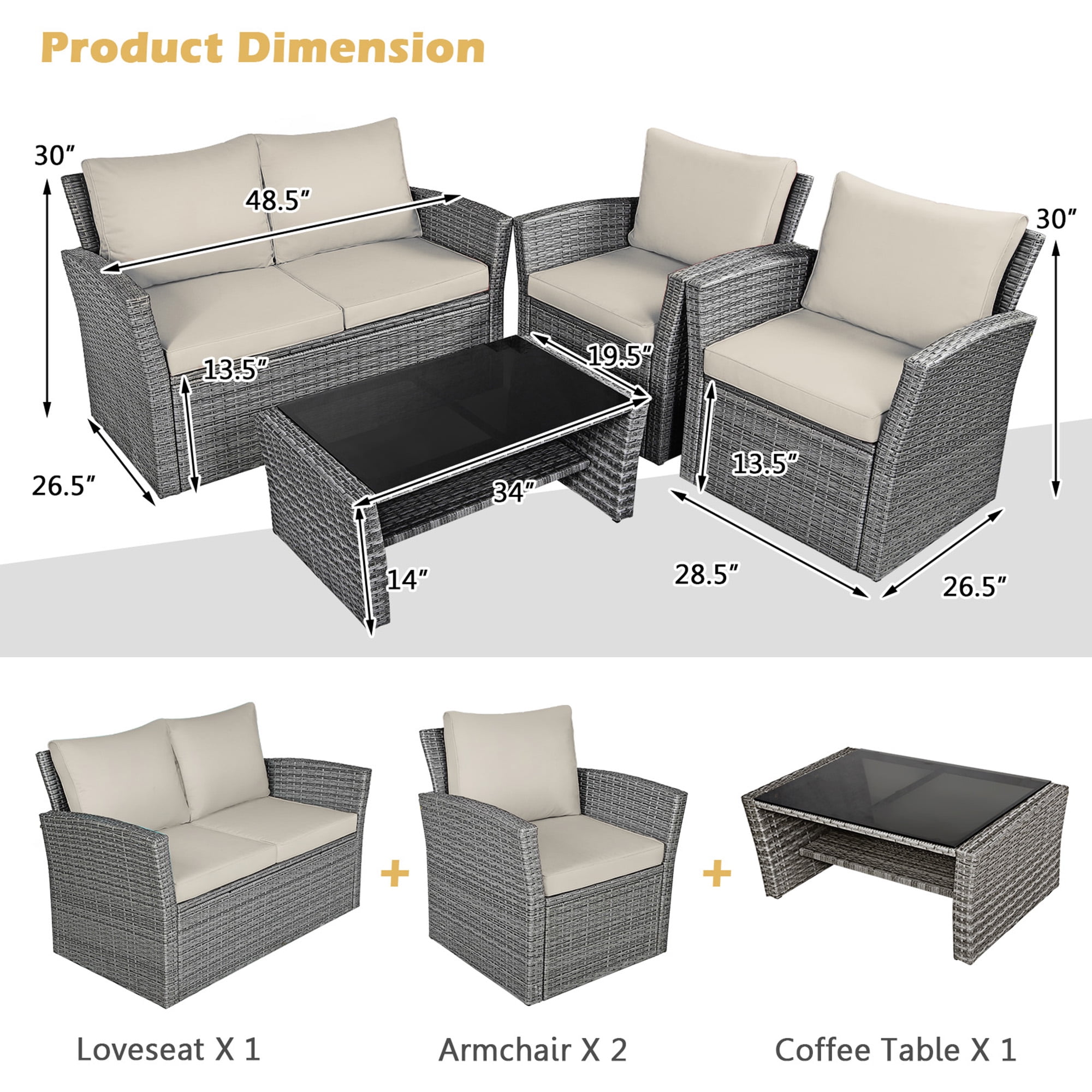 Gymax 4PCS Patio Rattan Conversation Set Outdoor Furniture Set w/ Khaki Cushions