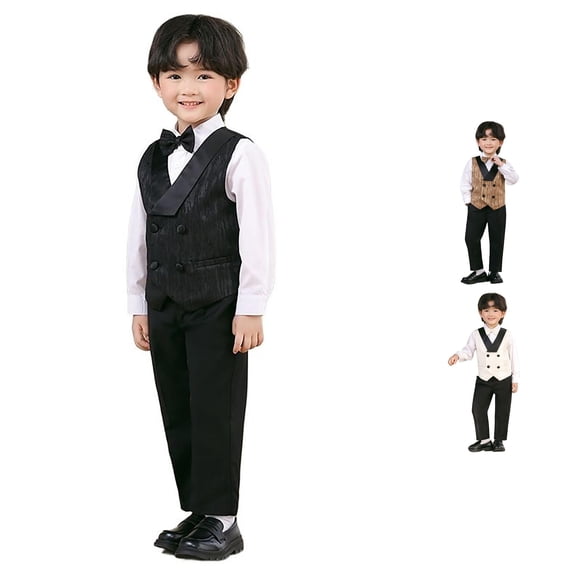 HCYSFG Boys Vest Formal Outfit Sets 4 Piece Collared Long Sleeve Dress Clothes Sets Dress Shirt Double Breasted Vest Bow Tie And Pants Matching Sets