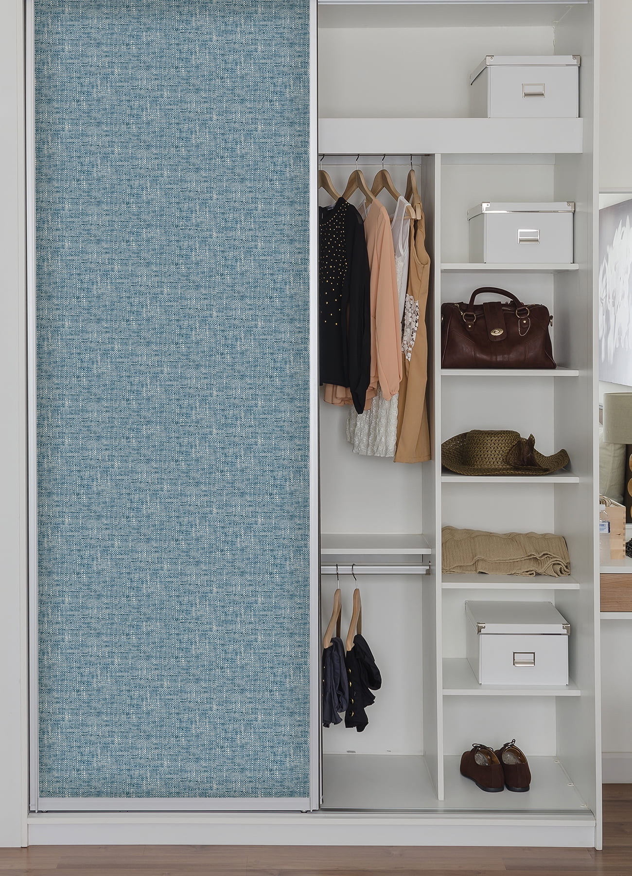 NuWallpaper Navy Poplin Texture Raised Ink Vinyl Peel And Stick Wallpaper, 216-in by 20.5-in, 30.75 sq. ft.
