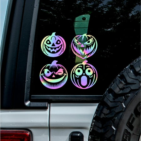 (2 Pcs Hologram 4.9 X 4.8 ) Transparent Adhesive Decal Sticker Of Jack O Lantern Faces Pack For Car Bumper Window Laptop Tumbler Jeep Truck Motorbike Helmet Door Wall For Indoor H5342Ab083124