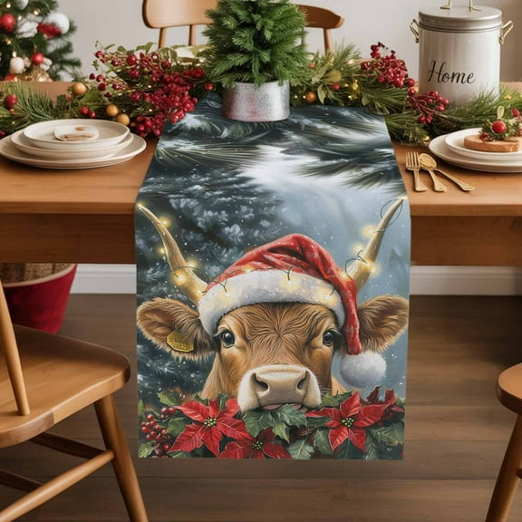 Burlap Table Runner 36 Inches Long,Christmas Highland Cow Red Poinsettia Non-Slip Kitchen Table Runners for Dining Room Everyday Use Party Table Decorations Green Pine Tree
