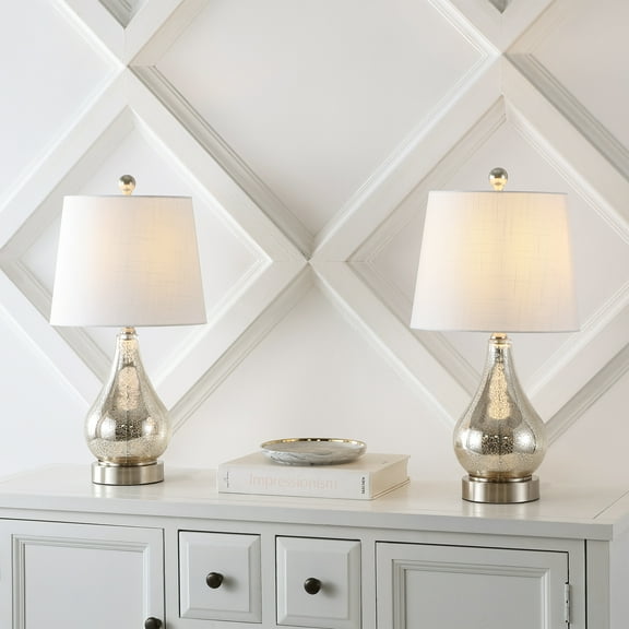 JONATHAN Y Dino 21" Farmhouse Industrial Iron/Glass LED Table Lamp with USB Charging Port, Silver (Set of 2), JYL1109A-SET2