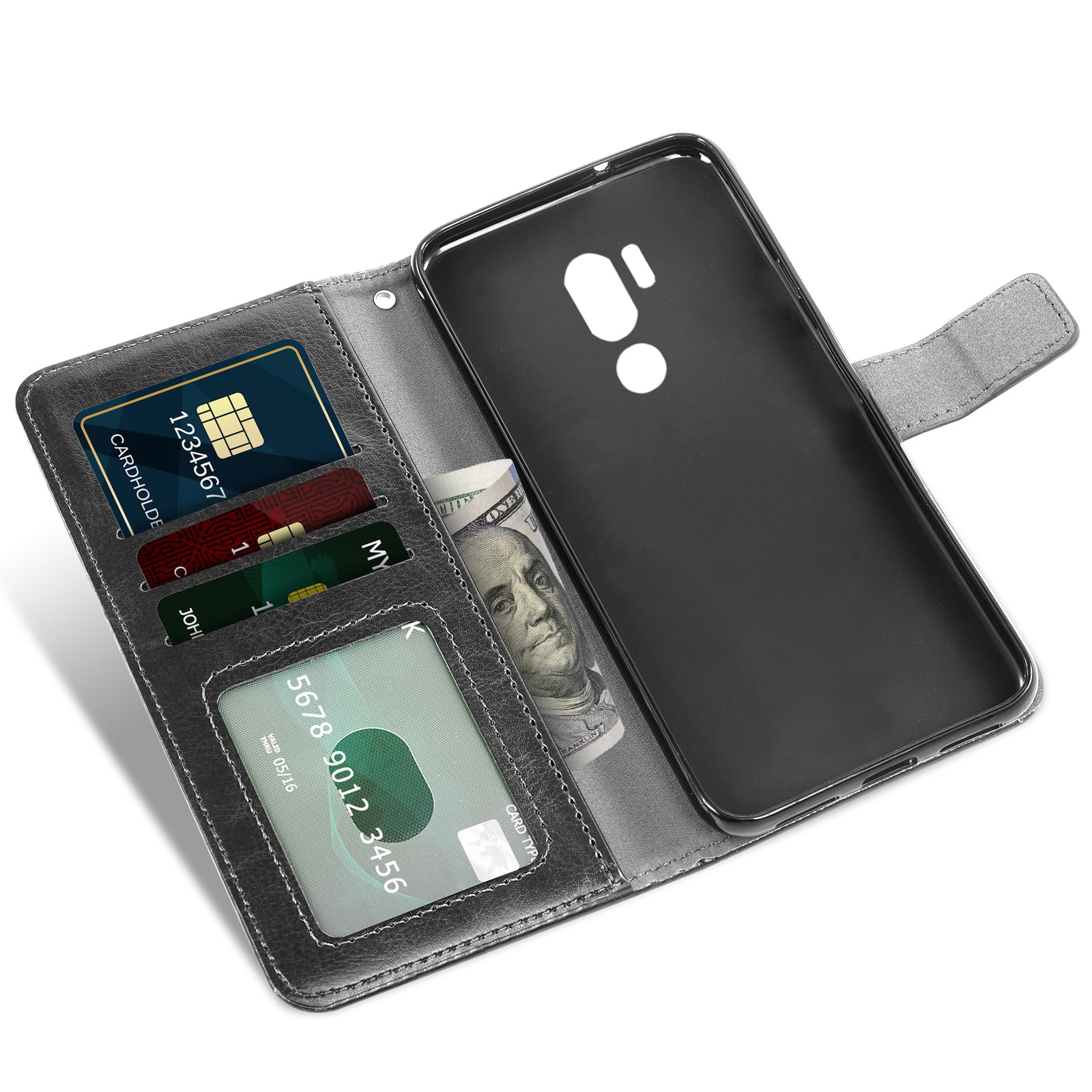 Phone Case for LG G7 One ThinQ with Tempered Glass Screen Protector Cover and Card Holder Slot Wallet Kickstand Slim Cell Accessories LGG7 G 7 Fit LG7 Thin Q G7thinq G7one 7G 1 LG7one LGG7ThinQ Black