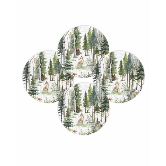 Round Placemats Set of 4 Forest Animal Place Mats Washable Woven Placemat Woodland Bear Fox Deer Bird Circle Braided Table Mat for Kitchen Dining Table Party Home Decor 15 Inch