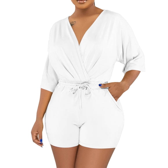 Summer Savings! SROBPTY Womens Jumpsuits, Womens Oversized Summer Romper V-Neck Half Sleeve Waist Onesie Romper Beachwear Overalls Shorts Jumpsuit White, XL