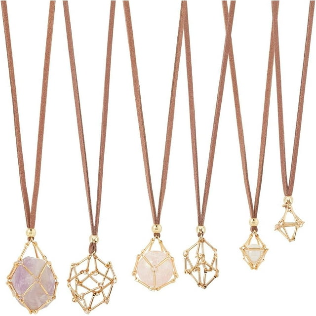 1 caja de 6 unidades de 3 tamaños de soportes para collares, jaulas para piedras preciosas, barras de latón y metal dorado, vacías, con cadena y cordones de gamuza.