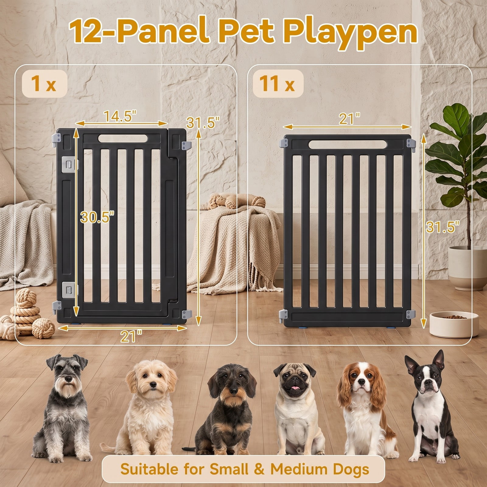 ALPULON 12-Panel Dog Playpen 31.5 Inch Height Indoor Outdoor Pet Fence Foldable HDPE Puppy Exercise Pen Enclosure Kennel for Small Medium Dogs, Black