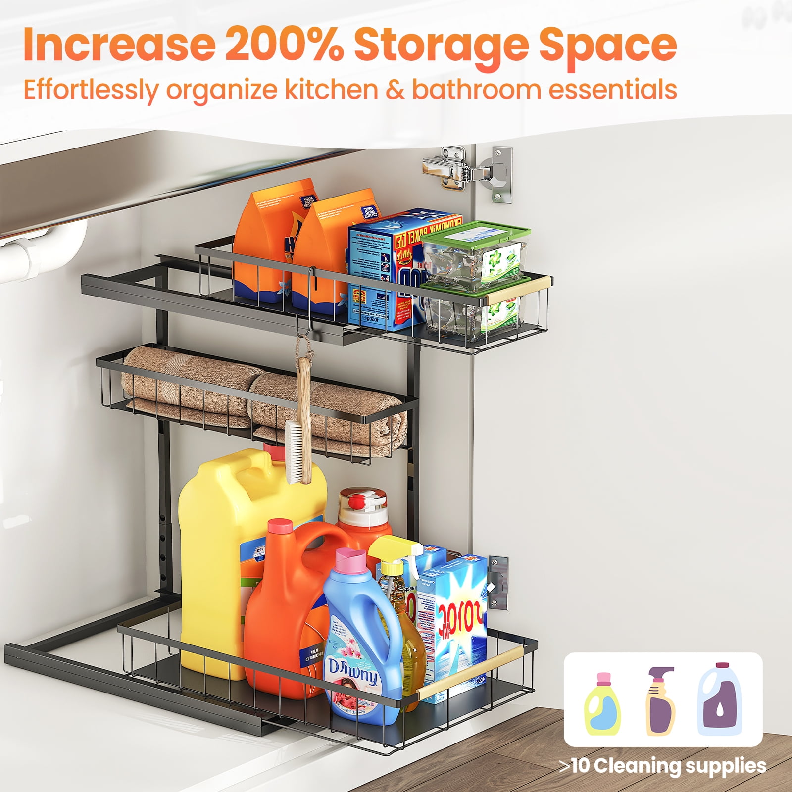 Alow Under Sink Organizer and Storage for Bathroom and Kitchen - 2 Pack Pull Out Under Cabinet Shelf Organizers - 3 Tier Sliding Out Drawer Organization for Home Cabinets Shelves and Drawers