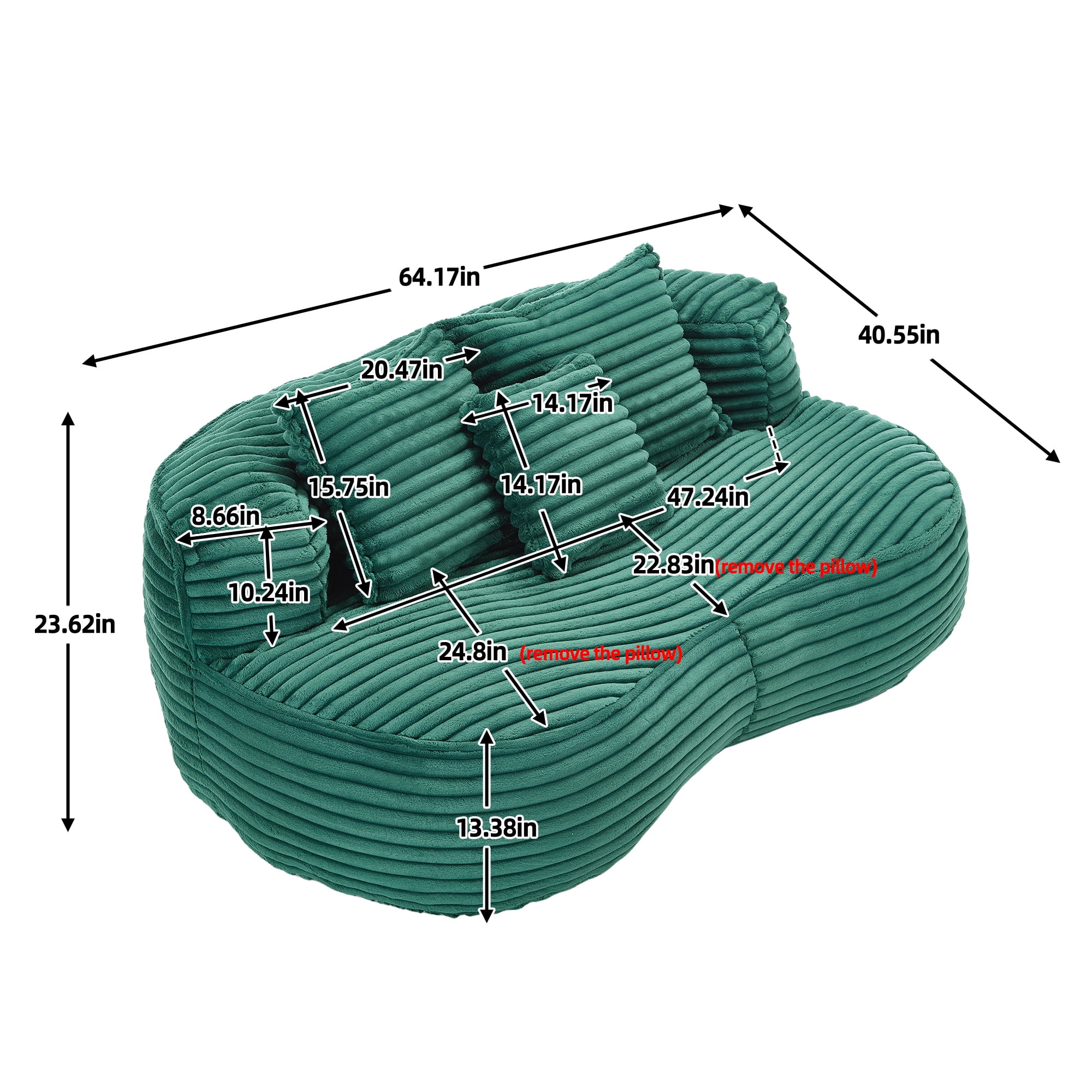 MOONMISS Corduroy Upholstered Durable Comfort Lounger Bean Bag Lazy Sofa with 3 Pillows-Emerald