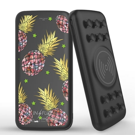 

INFUZE Qi Wireless Portable Charger for Samsung Galaxy A12 External Battery (12000 mAh 18W Power Delivery USB-C/USB-A 3.0 Ports Suction Cups) with Touch Tool - Pineapples