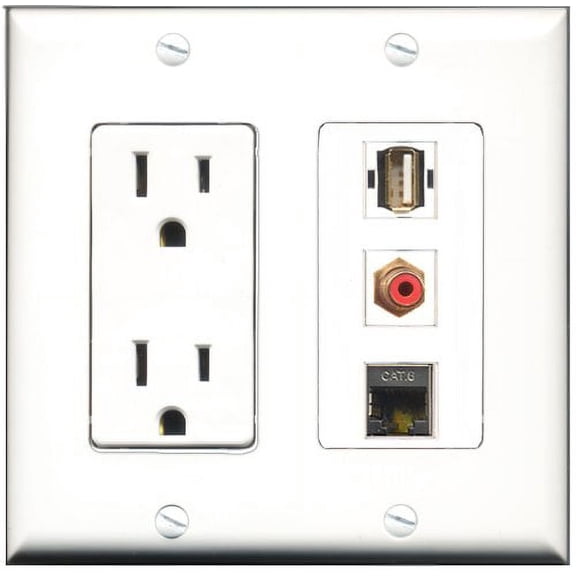 RiteAV - 15 Amp Power Outlet 1 Port RCA Red 1 Port USB A-A 1 Port Shielded Cat6 Ethernet Ethernet Decorative Wall Plate