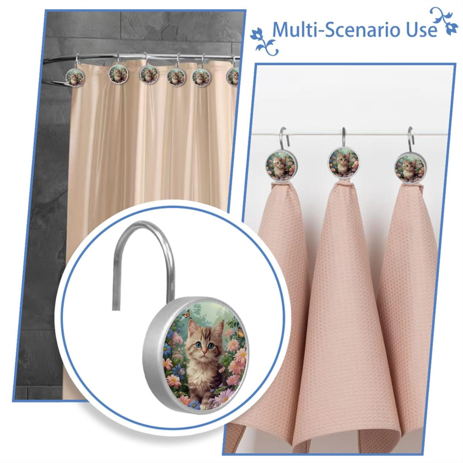HemaKayy 12 Pcs Shower Curtain Hooks Bathroom Decorative Accessories Flower Curly Haired Cat