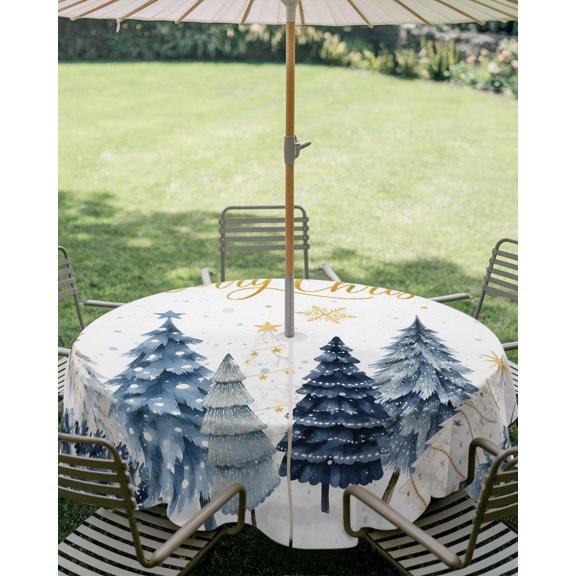 Outdoor Tablecloth with Umbrella Hole, Winter Snowflake Xmas Tree Zippered Table Cloth for Square Tables, Merry Christmas Blue White Trees Washable Waterproof Tablecloths for Picnic Patio Garden