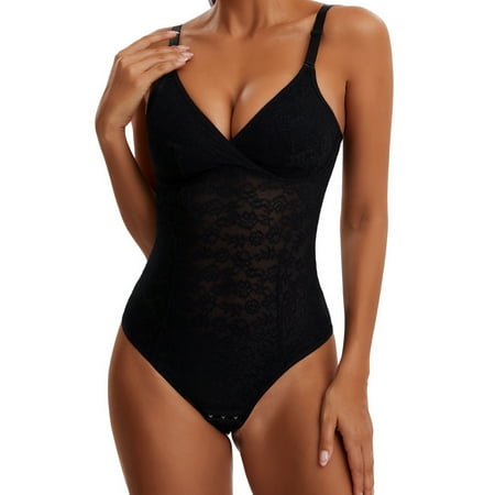 

Joyshaper Shapewear Bodysuit for Women with Bra Tummy Control Thong Body Shaper Lace Fajas(Black-2X)