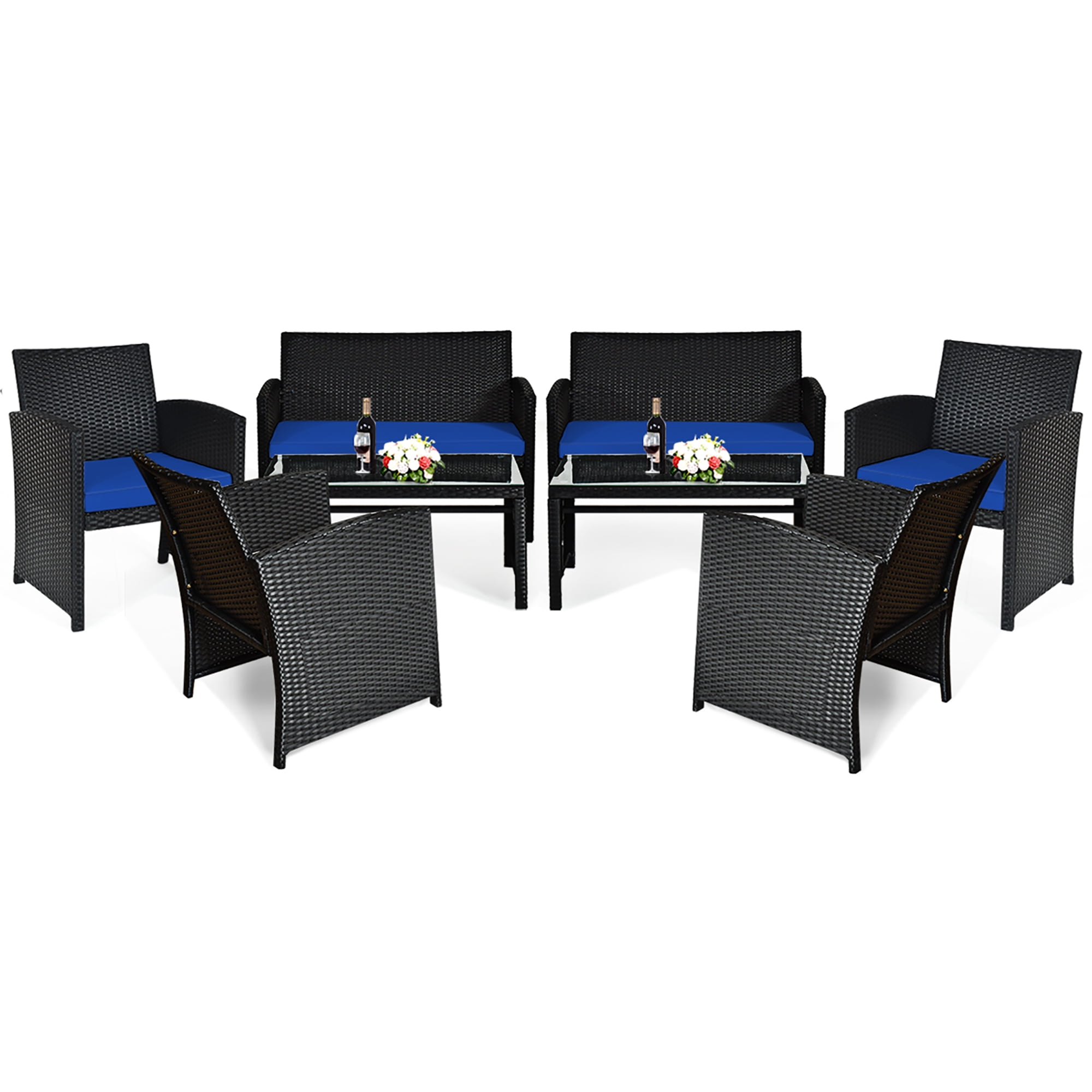 Costway 8PCS Patio Rattan Furniture Conversation Set Cushion Sofa Table Garden Navy