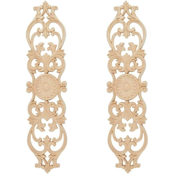 2 pc 2Pcs Wood Appliques Onlays Unpainted Long Wooden Carved Flower Carvings Decorative Decals for Wall Cupboard Mirror Mantel Door Bed Cabinet Ceiling Dresser Furniture Refurbish 11.85x2.81inch