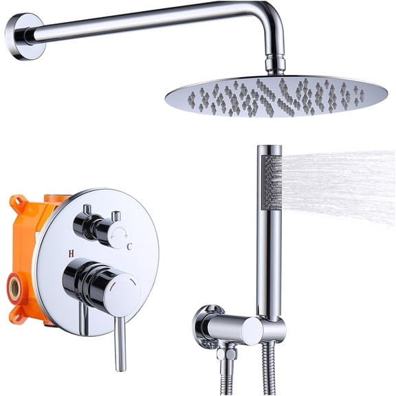 JERFIT 10 Inch Wall Mounted Shower System Combo with Rainfall Shower Head, Handheld Spray, and Valve - Chrome Finish