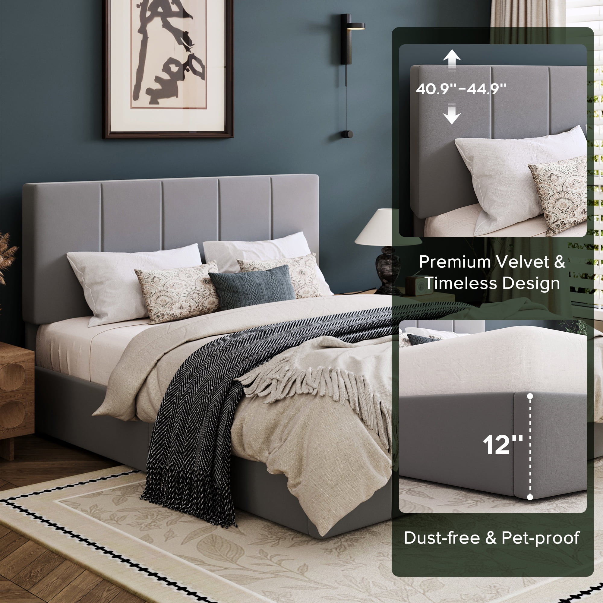 Einfach Full Size Bed Frame, Upholstered Platform Bed with Height Adjustable Headboard, Easy Assembly, Noise-Free, Grey