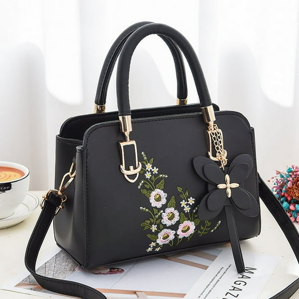 Elegant floral pattern handbag women s fashion faux leather shoulder bag trendy double handle purse