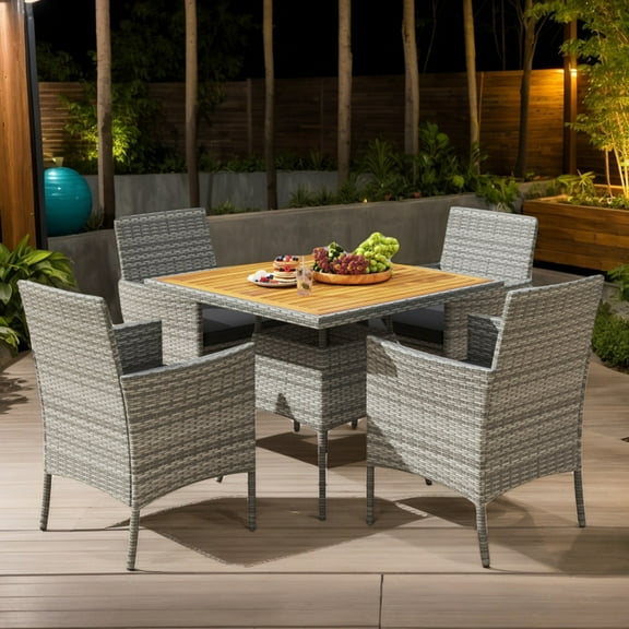 Yardi Yarda 5 Pieces PE Wicker Patio Dining Set, Outdoor Acacia Wood Table and Chairs for Outdoor as Yard, Black