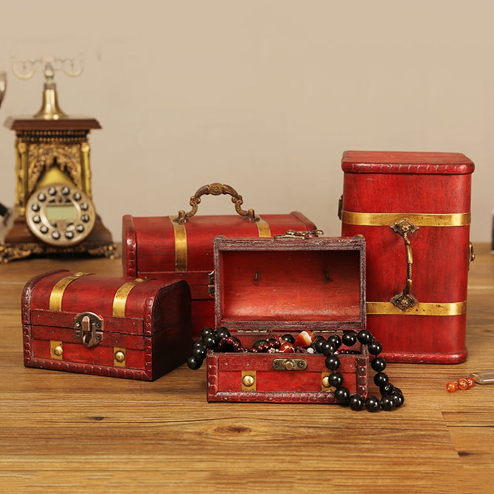 Vintage Wood Treasure Chest Wooden Jewellery Storage Box Case Organizer Gift Box 