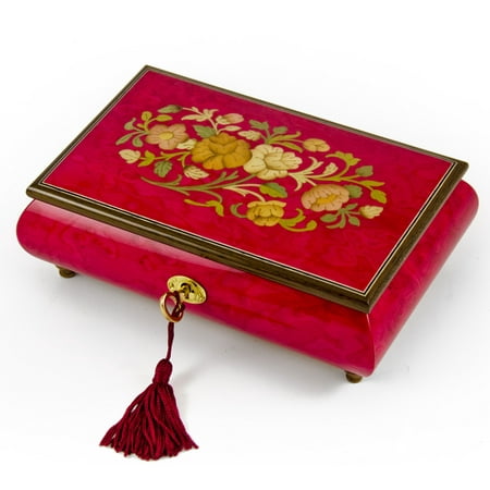 Radiant 30 Note Italian Red Wine Floral Inlay Musical Jewelry Box with Lock and Key - Memory (Cats)