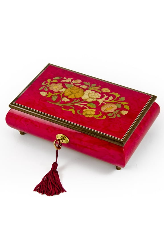 Radiant 30 Note Italian Red Wine Floral Inlay Musical Jewelry Box with Lock and Key - All I Ask of You