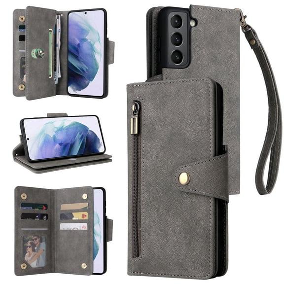 Feishell for Samsung Galaxy S21 5G Wallet Case with Wrist Strap,Premium PU Leather Zipper Pocket Magnetic Buckle Folio Flip ID Credit Card Slots Shockproof Kickstand Phone Case for Women Men,Gray