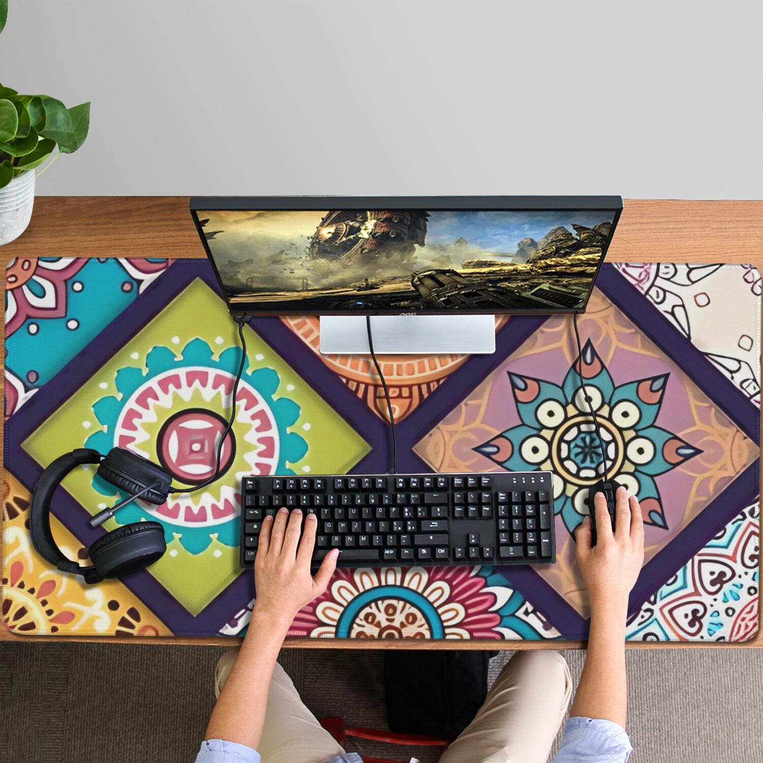 Long Mouse Pads for Desk,Multicolor Ethnic Mandala Pattern Desk Mats on Top Of Desks, Desk Mouse Pad Extra Large with 3mm Non-Slip Base and Stitched Edge for Gaming,Office,Work,Home 47.3"x23.6"
