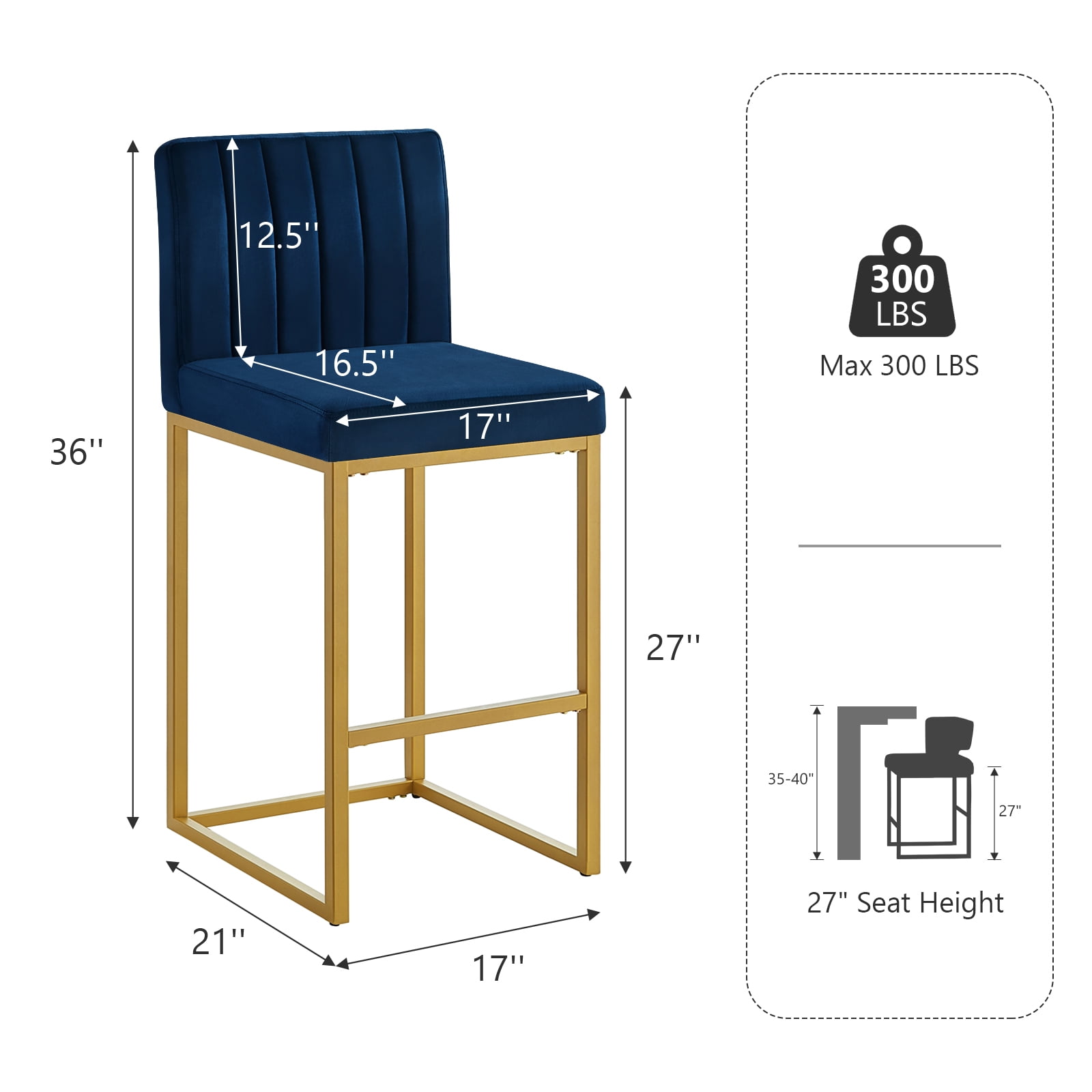 27 Inch Bar Stool, Velvet Counter Height Bar Stools, Set of 4 Bar Chairs with Back and Metal Legs, Kitchen Island Counter Stools for Pub, Dinning Room, Cafes