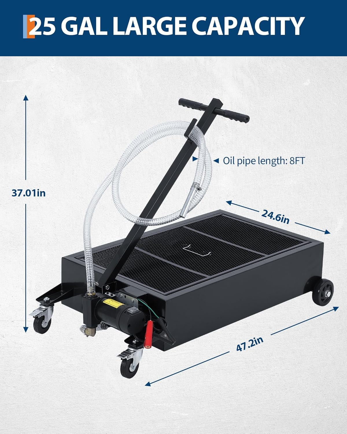Kicctian 25 Gallon Low Profile Oil Drain Pan Cart with Heavy-Duty Metal, 12V Electric Pump – 8.2 ft Hose, Folding Handle, Wheels – Oil Change for Cars, SUVs, Trucks, Buses, RVs – Black