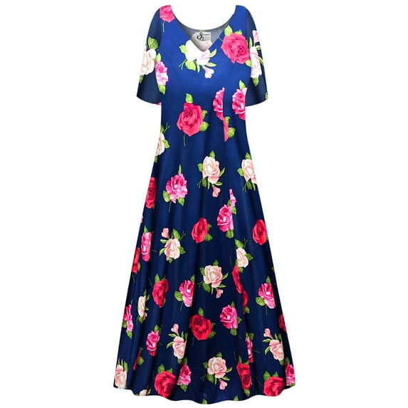 Plus size 2x Extra Tall Womens Dress Rose Bloom Sea Designer Print Short Sleeve High V-Neck Princess Cut