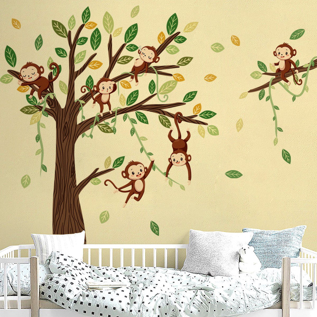 Monkey Climbing Tree Wall Decals Monkey wall decal Jungle Animals Wall Stickers Green Tree Vine Wall Decal Peel and Stick Wall Stickers Kids Baby Nursery Girl Boy Bedroom Playroom Wall Decor