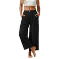 thumbnail image 5 of Miluxas Womens Solid Wide Leg Ankle Pants Elastic High Waisted Straight Leg Cropped Pants with Pockets Work office Dressy Trousers Streetwear Black, 5 of 8