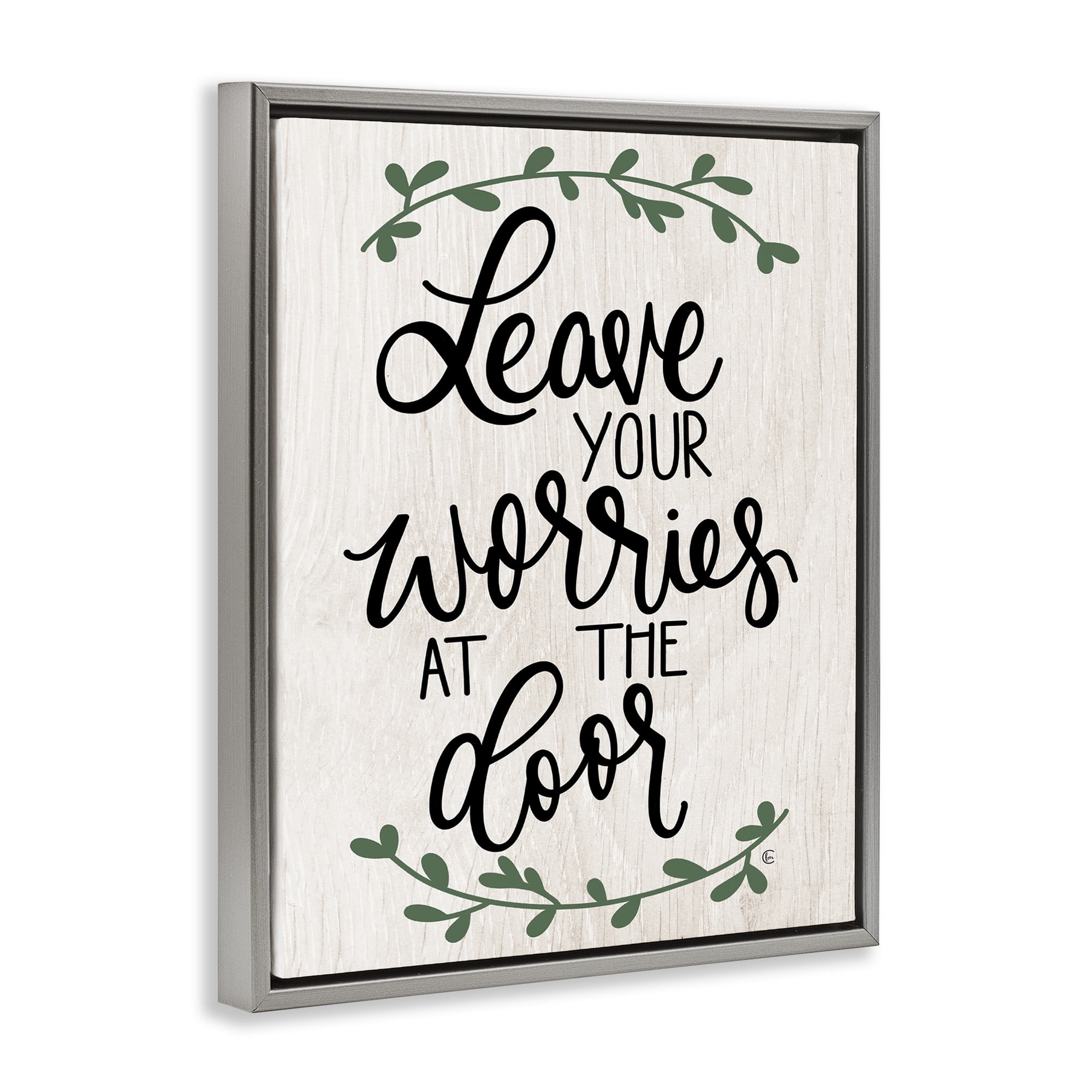 Stupell Industries Worries at Door Family Greeting Typography Painting Gray Floater Framed Canvas Art Print Wall Art, 25 x 31