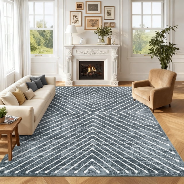 HIWEAVER 8' x 10' Area Rug for Living Room Washable Modern Geometric Striped Non Slip Non Shedding Neutral Indoor Decor Carpet, Dark Grey